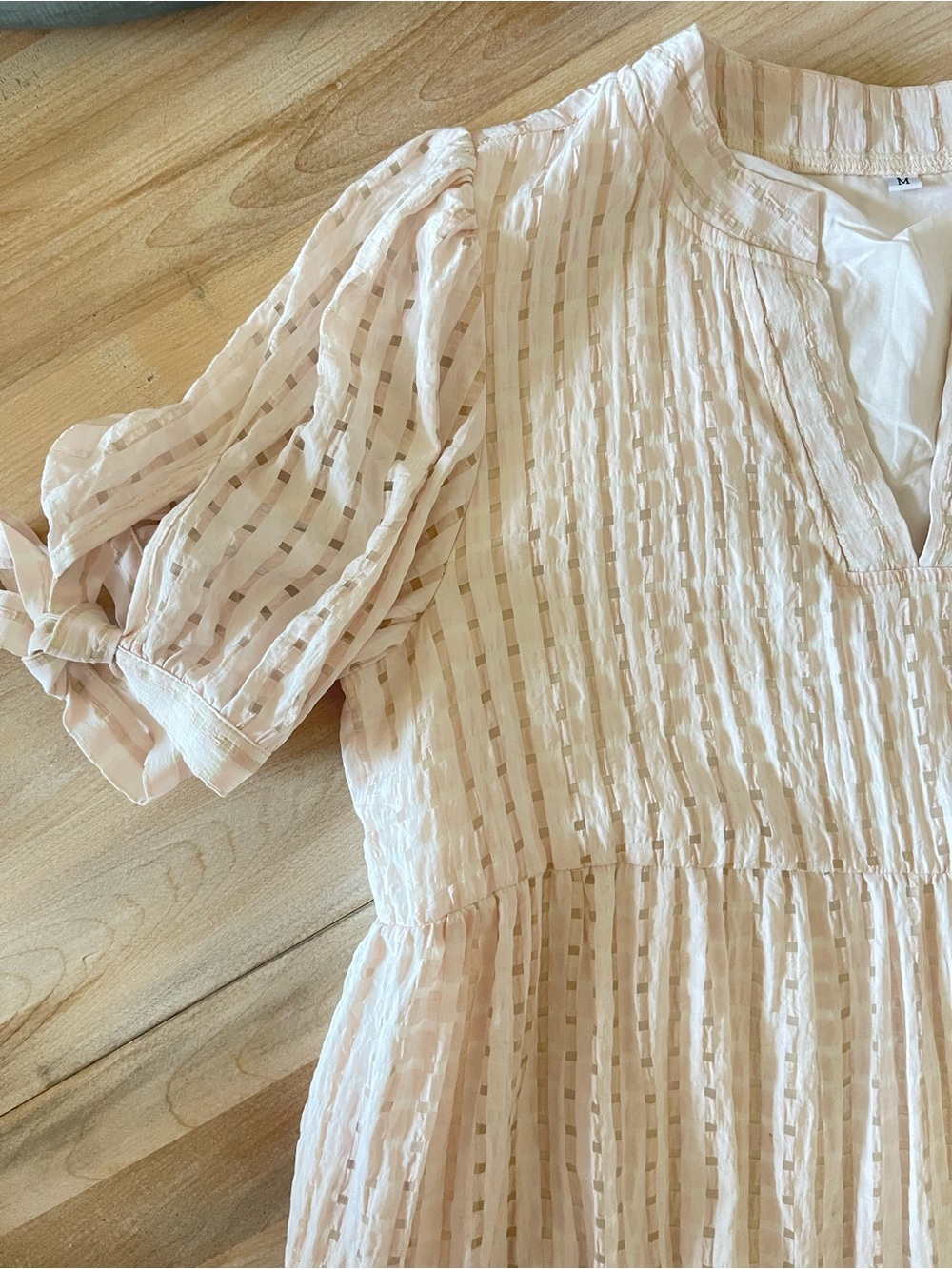 Pale Pink Swiss Dot Maxi Dress Tie Sleeve Detail Empire Waist V-neck Size Small - Picture 4 of 14
